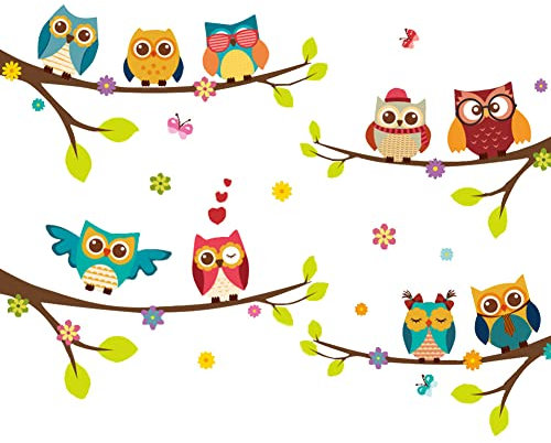 LOSOO Wandtattoo Süsse Eulen Auf Ästen,BAU AST Blumen Vogel Schmetterlinge Zweig - Wandsticker Fenster Aufkleber Deko Babyzimmer Kinderzimmer Gross