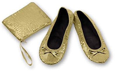 Varsany Roll Up Satin Shoes - Foldable Pumps Flats Ballet Dance Ladies After Party Shoes with Foldable Bag - Women's Flat Shoes Sequin Gold