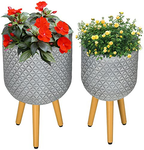 Outsunny Blumentöpfe 2er-Set, Pflanztöpfe mit Abnehmbaren Füßen, Ablauflöchern, Übertopf, Kräutertopf für Innen- und Außenbereich, MgO, Grau