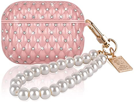 DiyGody Elegant Schutzhülle für Airpods Pro 2 Generation, Glitzernd Diamant Hülle mit Perle Schlüsselanhänger für Frauen, Stoßfeste TPU Anti-Rutsch Kratzfest Ultradünn Case für AirPods Pro 2 2022-Rosa