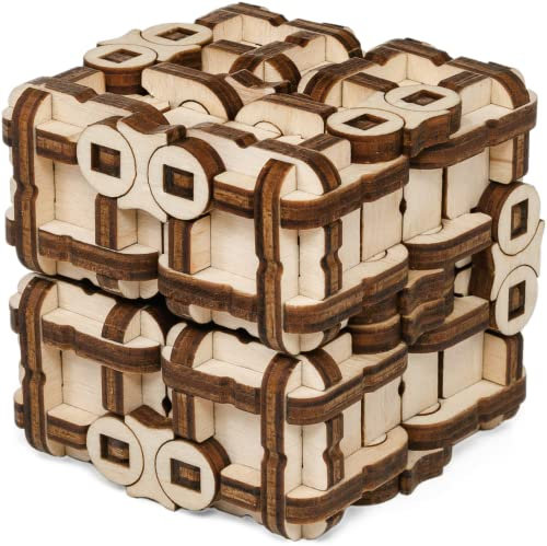 EWA Eco-Wood-Art - 3D-Holzpuzzle für Jugendliche und Erwachsene - METAMORPHER WÜRFEL - DIY-Bausatz, Selbstmontage, kein Kleber erforderlich - 128 Stück, Natürlich