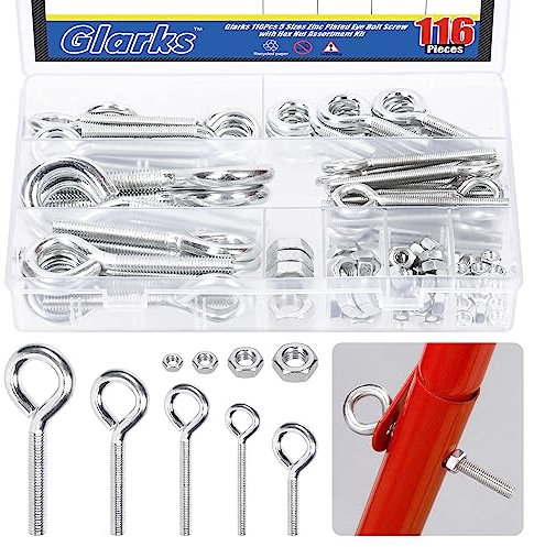 Glarks 116 Pcs 5 Sizes Eye Bolt Screw Assortment Kit, Stainless Steel Welded Closed Eye Bolts Heavy Duty Threaded Bolts with Nuts for Indoor and Outdoor Hanging