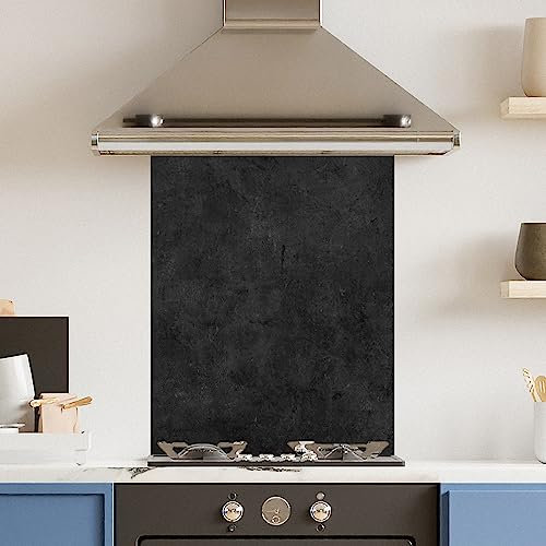 Premium 60 cm x 75 cm Black Marble Glass 6mm Kitchen Splashback Heat Resistant Toughened Polished Edges - Back Splash Back Coloured Hob Painted Tempered Splashback