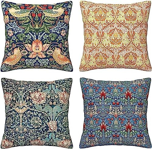 LTSRLL Kissenbezug,William Morris 4er Set samt Kissenbezug Kissenhülle, Dekorative Dekokissen Sofakissen Lendenkissen Wurfkissenbezug mit Verstecktem Reißverschluss Sofa Schlafzimmer-40x40cm