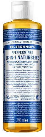 Dr. Bronners | 18-IN-1 Naturseife Pfefferminze | Organic Flüssigseife | Peppermint | Duschgel, Handseife, Shampoo und vieles mehr | Mit Bio Kokos-, Oliven- und Jojobaöl | 240 ml
