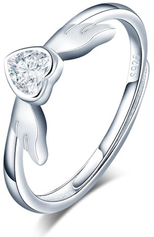 VIKILEE Damen Ringe S925 Sterling Silber Ringe Engelsflügel Gespleißt Herz Zirkonia Einstellung Ringe Einstellbare Größe Für Freundin Jahrestag VerlobungsRinge