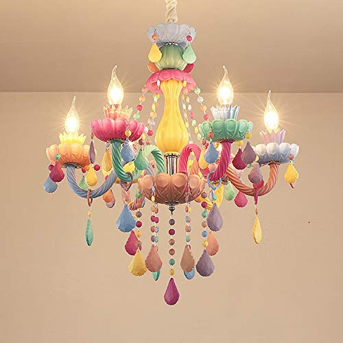 Lámpara de araña colgante de cristal de colores, 6 luces, lámpara de techo colgante para habitación de niñas europeas, lámpara de vela para dormitorio de niñas, sala de estar, comedor, cafetería (est
