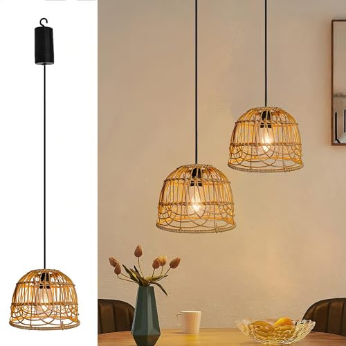KZT Boho Rattan Lampe Vintage Hängelampe mit Batterie E27 Industrielle Deckenlampe Retro Bambus Nachttischlampe Innen Pendellampe Wasserdichte Außenleuchte für Schlafzimmer Flur Garten Balkon Camping