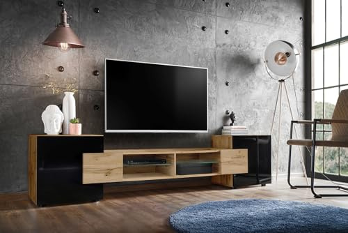 Komodee TV Schrank Merano Eiche/Eiche/Schwarz 230x52,5x35 cm | Merano Bank TV Schrank, Wotan Wotan Schwarz, ohne LED, Breite 230 cm x Höhe 52,5 cm x Tiefe 35 cm, für Wohnzimmer