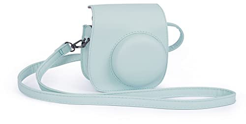 Riosin Instant Mini 12 Kameratasche für Fujifilm Instax Mini 12/11, Hochwertige PU Leder Kameratasche mit Tasche und Abnehmbarem und Verstellbarem Schultergurt (Mint Green)