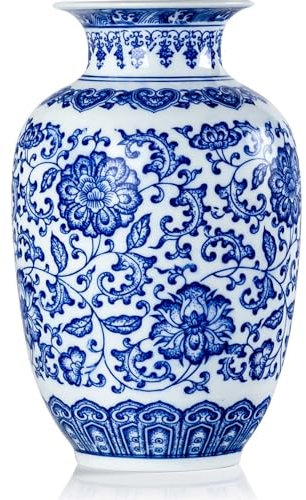 Qinlang Kleine Keramikvasen für Blumen, blaue und weiße Blumenvase für Tafelaufsätze, Lotus-Muster, 22,9 cm