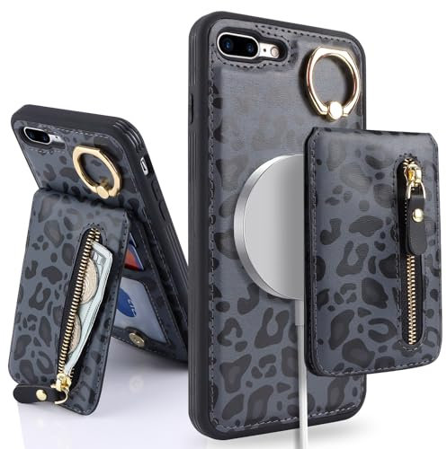 SailorTech iPhone 7 Plus/8 Plus Case with Ring Stand, Kickstand, Card Slots, Wallet, Detachable 2-in-1 Zipper Case - Black Leopard