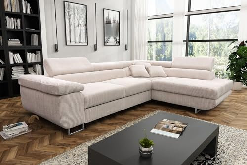 Tendencio Canapé d'angle Convertible ANTONI en Velours côtelé avec têtières réglables. Lit et Coffre de Rangement. (Beige, Angle Droit)