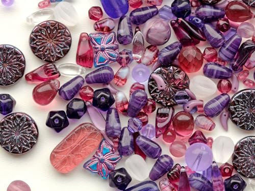 65 g Einzigartige Mischung aus tschechischen Glasperlen für die Schmuckherstellung, Perlen und Perlensortimente, Violett-Flieder, Tschechisches Glas