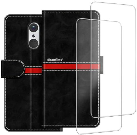 ESACMOT Handyhülle Kompatibel mit Emporia Smart 3 + [2 Pack] Displayschutzfolie Glasfolie, Premium Leder Magnet Schutzhülle Case Cover für Emporia Smart 3 (5,5 Zoll) Schwarz