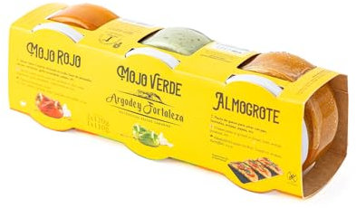 Argodey Fortaleza Pack de Mojo Rojo, Mojo Verde y Almogrote Canario (3 x 120g) - 3 Botes Individuales, Estuche Pack Regalo, Salsa perfecta y Versatil para Untar con Pan, Tostadas, Arepas, Papas