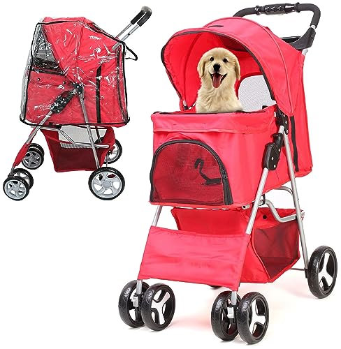 JupiterJX Dog Stroller with Rain Cover, Pet Pram for Small Medium Dogs, Dog Buggy with Storage Basket Cup Holder, Cats Dogs Pushchair, Foldable Pet Pram for Cats Puppies (Red with Rain Cover)