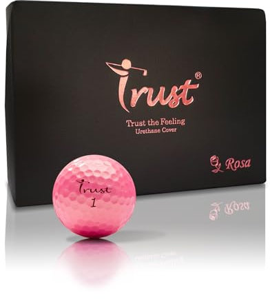 Trust Golfbälle Rosa - In einzigartigem Pink, fliegen weit und gerade, stoppen zuverlässig, mit Urethanhülle, 3-teiliger dynamischer Kern, weiches Schlaggefühl, 12 Bälle in Roségold