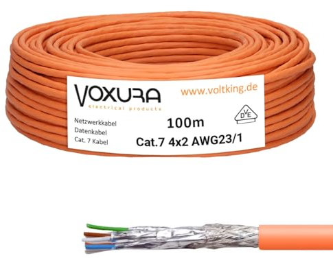 Voxura CAT 7 Verlegekabel 100m CAT.7 Netzwerkkabel Simplex S/FTP Datenkabel Halogenfrei LAN 1000 MHz Ethernet SFTP 10 Gbit/s geschirmt PoE+ Kupfer