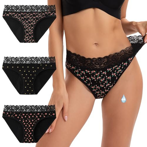 INNERSY Black Period Pants for Women Leakproof Menstrual Underwear Lace Hipster Panties Pack of 3 (14, 2 Roses/1 Star)