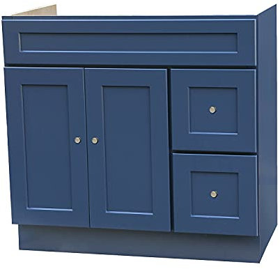 Blue 36 Inches Shaker Vanity Bathroom 2 Drawers Right 2 Doors Cabinet Single Sink Base Bath Faucet Wall Vanities Traditional Kitchen Wood Hardwood 36 W x 21 D x 34 1/2 H