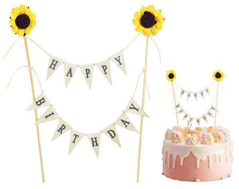Happy Birthday Tortendeko,Mini Wimpelkette Cake Topper Geburtstag,Kuchen Banner Deko Mit Sonnenblume Girlande,Vintage Tortenstecker Toppers,Geburtstagsdeko Stecker,für Geburtstagsthema Party's Bunting