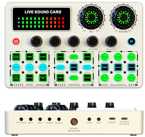 Professioneller Audio-Mixer, Live-Soundkarte mit 15 Sound Changer Effekten, Bluetooth Streaming DJ Mixer, Sound Mixer Board für Aufnahme/Podcasting/Gaming/Live Streaming (Weiß)