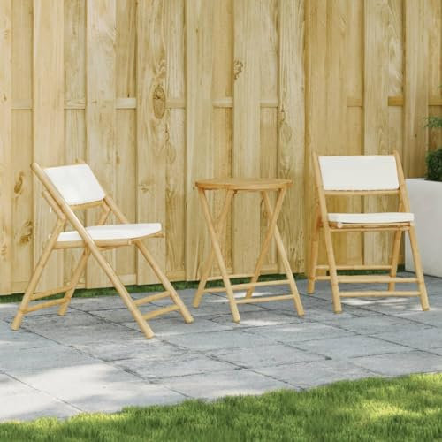 Tidyard Bistroset 3-TLG.Balkonmöbel Klappbar mit Cremeweißen Kissen, Bistrotisch Klapptisch 2 Klappstühle, Gartenmöbel Garnitur Balkonset Sitzgruppe, Bambus