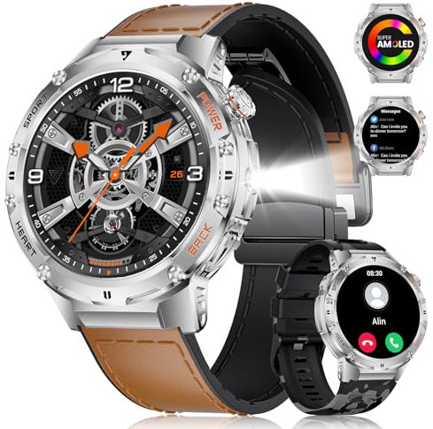 Smartwatch Uomo con Torcia LED/530 mAh/Durata Batteria di 15 Giorni,1.43 AMOLED Orologio Smart Watch per Android iOS,IP68 Impermeabile,132 Modalità Sportive Fitness Tracker
