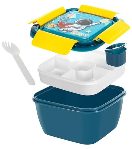 Salat To Go Box - Contenitore per il pranzo per adulti e bambini, adatto al microonde, 3 scomparti per insalate e snack, con condimenti, adatto per scuola, lavoro, picnic (blu)