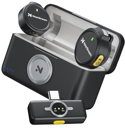 NearStream Wireless Lavalier Microphones for Android,Camera,PC,iOS,Lapel Portable Microphone Intelligent Noise Cancelling for Streaming,Video Recording,Vlog,Podcast,Clip on Microphone(AWM25T)