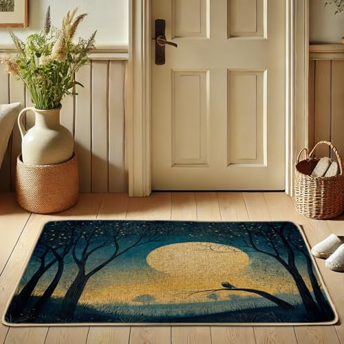 Moonlit Forest Fußmatte, Nacht-Eulen-Fußmatte für Außen- und Inneneingang, Herbstdekoration, Gummi, wasserdicht, rutschfest, staubabsorbierend, leicht zu reinigen, 73 x 43 cm