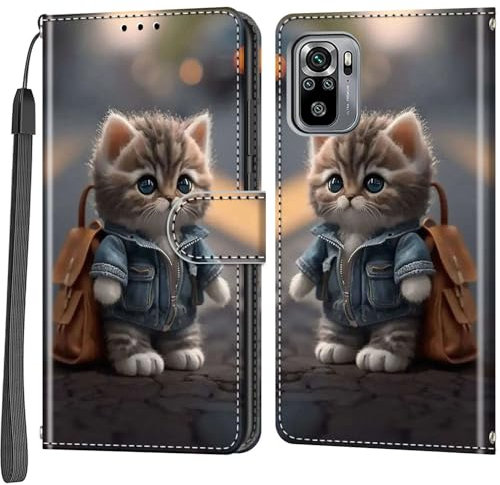 Salanheo Handyhülle für Xiaomi Redmi Note 10 4G / Note 10s Hülle, Magnetische Flip Stoßfeste Schutzhülle mit Standfunktion Kartenfächern Klapphülle Handytasche Katze