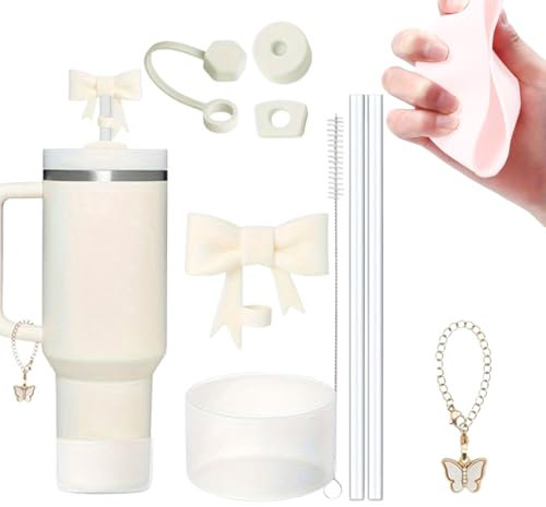 CHIHOLEN Stanley Cup Accessori,include 2 tappi in silicone antigoccia, 2 coperchi in paglia, 1 custodia in silicone, 1 catena a farfalla,2 cannucce, 1 spazzola di paglia, per Stanley Cup da 1,2 l e