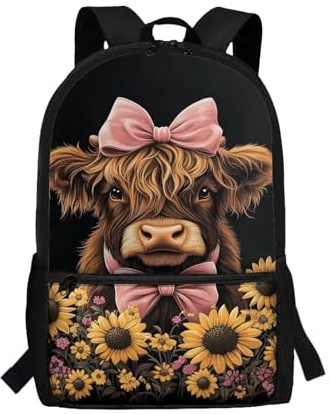 SCRAWLGOD Highland Cow Backpack for Girls Age 6-7/7-8/8-9 Sunflower Bookbag for Kids Rucksack Secondary School Bag Children Book Bag 17in Large Back Pack