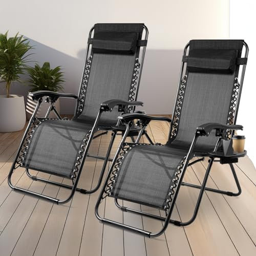 Soontrans Liegestuhl 2er-Set, Schwerelos Chillen, Liegestuhl Klappbar mit Stufenlos verstellbare Positionen & Kopfstütze & Getränkhalter, aus Stahlrahmen & Textilenebezug (Anthrazit)