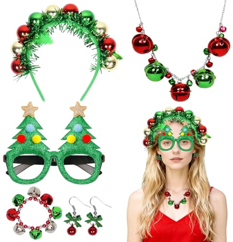 5 Stück Weihnachtskostüm Damen, Weihnachtsbaum Kostüm, Weihnachts Schmuck, Weihnachten Halskette Ohrstecker Schmuck Set,Weihnachten Haarreif,Brille,Weihnachtsohrringe Damen Festival Geschenk Maskerade