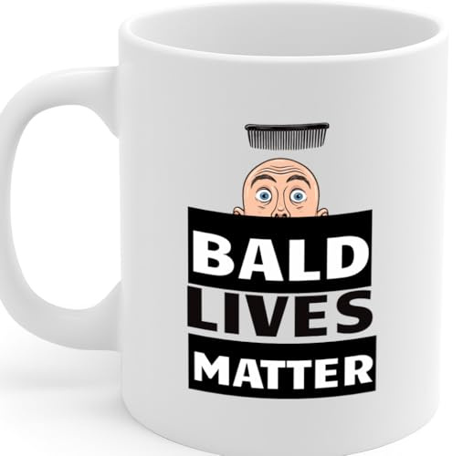 MG6670 Bald Lives Matter Mug – Funny Bald Man Coffee Cup with Comb Graphic – 11oz Ceramic Tea Cup