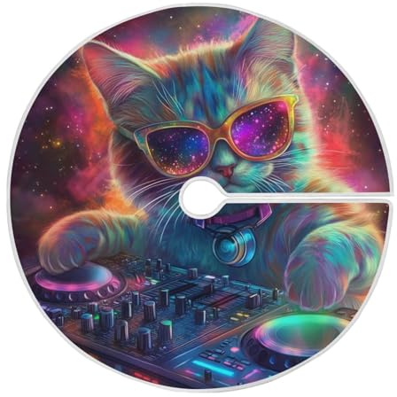Colorful Cat Dj with Turntables Christmas Tree Skirt Round Decor mat mini for Xmas Slim Trees Kitchen 48 inch Diameter