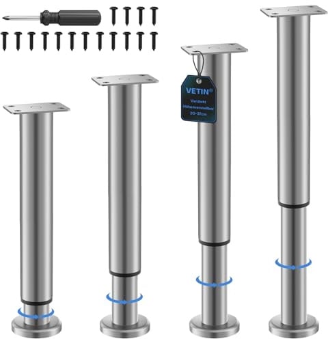 VETIN 4 Stück Möbelfüße Verstellbar, Möbelfüße Höhenverstellbar 20-37cm | Hohe Belastbarkeit, Gummibasis, Metall-Möbelfüsse, Für Schrank, TV-Schrank, Bett, Sofa, Nachttisch, Stuhl & Badezimmerschrank