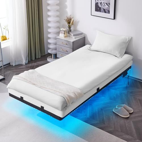 Bonnlo Single Bed Frame with Storage Space &LED Light Ship,Floating Shorty Beds for Small Bedrooms,USB&Type-C Charging Ports+2 Plug Sockets, Underbed Storage,For Adults & Teenager Kids,90x190cm,Black