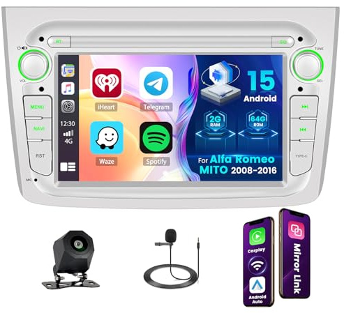 Hikity Autoradio Android 15 7 per Alfa Romeo MiTo 2008-2016 CarPlay | 2G+64G, Wireless CarPlay, Android Auto, Bluetooth, GPS, WiFi, FM/RDS, Retrocamera, MIC