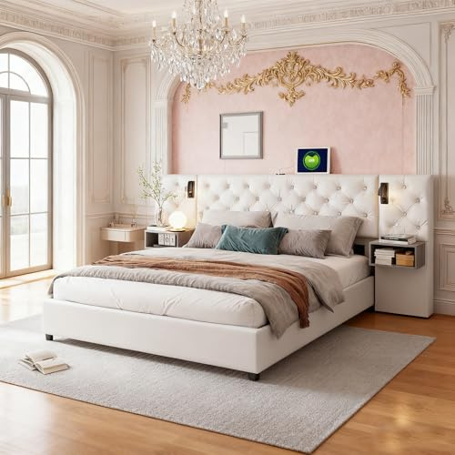 BRYXR Polsterbett Doppelbett Bett 160x200 cm, Schlafzimmer Komplett Set mit 2X Nachtkommoden, Hydraulisch Stauraumbett, LED Kopfteil mit Leselicht und USB Ladefunktion, Beige Samt, Ohne Matratze