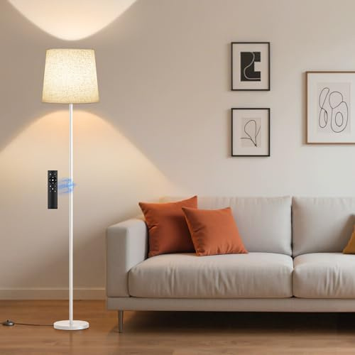 SIBRILLE Lampada da Terra Salotto, 9W con Telecomando, 3000K-6000K Lampada da Lettura LED con E27 Lampadina, Lampade da Terra per Camera da Letto e Ufficio, Paralume in Lino, Palo Bianco