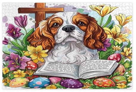 Ostern Cavalier King Charles Spaniel Hund Puzzles für Erwachsene 1000 Stück Country Eggs Floral Puppy Holzpuzzles Lustige Muster Dekorationen für Home Entertainment