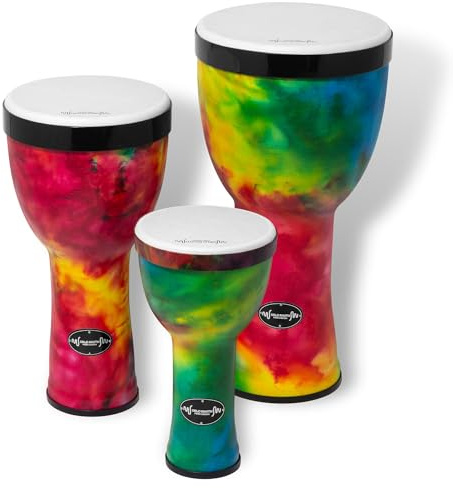 World Rhythm Djembe Set 3 Größen Regenbogen | Nesting Djembe Set 8, 10 & 12, leicht mit Synthetikfellen & Taschen, ideal für Schule, Gruppen & Unterricht