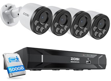 ZOSI 4MP PoE Überwachungskamera Set Außen 8CH 5MP NVR 4X 4MP PoE IP Kamera | mit 500GB HDD Videosystem mit Audio, KI Personen- & Fahrzeugerkennung, 30m IR Nachtsicht, IP66 Metallgehäuse, C180