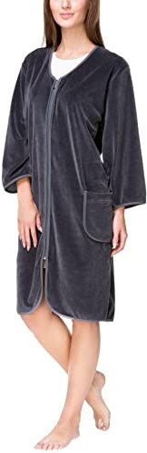 Aquarti Damen Velours Bademantel Morgenmantel Kurz mit Reißverschluss, Farbe: Graphit, Größe: 6XL