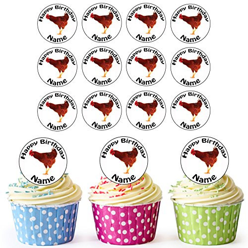 AK Giftshop Farm Chicken 24 Personalised Edible Cupcake Toppers/Birthday Cake Decorations - Easy Precut Circles
