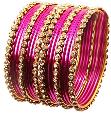 Touchstone collection colorée indienne Bollywood en alliage unique ligne claire strass et texturé couleur rose fuchsia Bangle Bracelets Ensemble de 18 Tone Gold Antique pour les femmes.